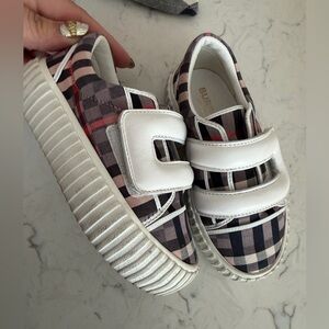 Burberry Kids Plaid Velcro Sneakers in Pink, Black & White